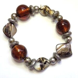 Chunky Bracelet with Art Glass‎ Beads Shell Silvertone Spacers Vintage Handmade